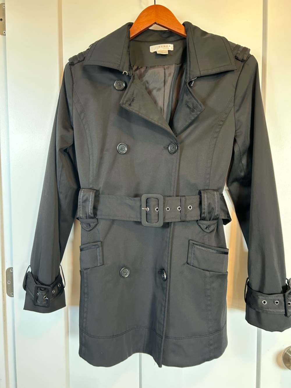 Kenar Black Double Breasted Belted Trench Coat - Size L